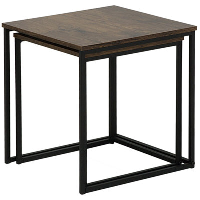 Industrial Nesting Coffee Tables Set of 2 - Dark Brown Wood Veneer, Black Hairpin Legs, Square.