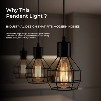 Industrial Pendant Lighting E27 Base Edison Metal Caged Vintage Hanging Pendant 3-Lights Rustic Pendant Light Fixture