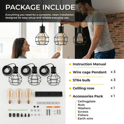 Industrial Pendant Lighting E27 Base Edison Metal Caged Vintage Hanging Pendant 3-Lights Rustic Pendant Light Fixture