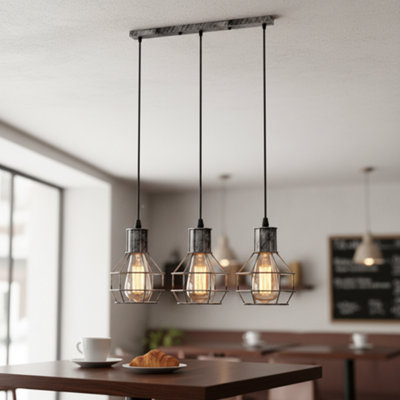 Industrial Pendant Lighting E27 Base Edison Metal Caged Vintage Hanging Pendant 3-Lights Rustic Pendant Light Fixture