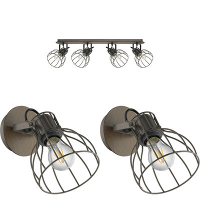 Industrial Quad Ceiling Light with 2 Matching Wall Sconces - Adjustable Metal Cage Design