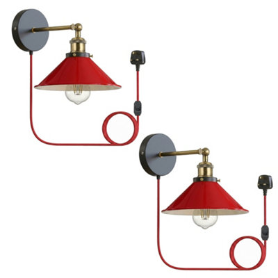 Industrial Red effect Plug-in Wall light - Red 2 Pack With Dimmable Switch