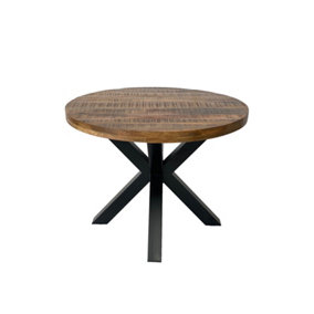 Industrial Round X Leg Dining Table - Mango Wood/Iron - L100 x W100 x H76 cm - Mango PP Saw Finish