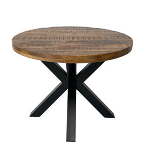 Industrial Round X Leg Dining Table - Mango Wood/Iron - L150 x W150 x H76 cm - Mango PP Saw Finish