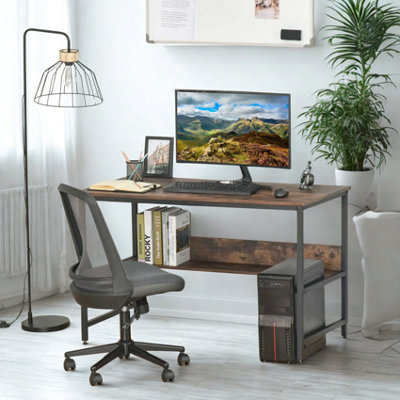 Industrial Rustic 2 Tier Computer Desk With Storage Shelf