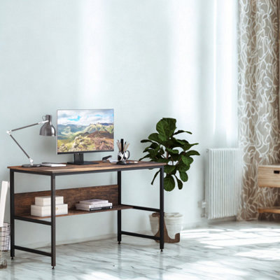 Industrial Rustic 2 Tier Computer Desk With Storage Shelf
