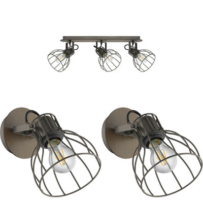 Industrial Rustic Ceiling Spot Light with Two Matching Wall Sconces - Metal Wire Shade Set