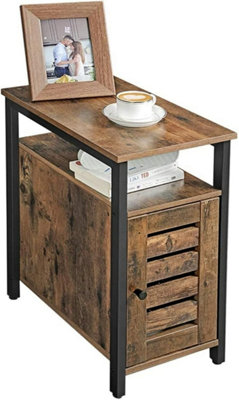 Industrial Rustic Wooden/Steel Narrow End Sofa Side Table with Shutter Door & Storage Drawer, Bedroom Nightstand, Rustic Brown