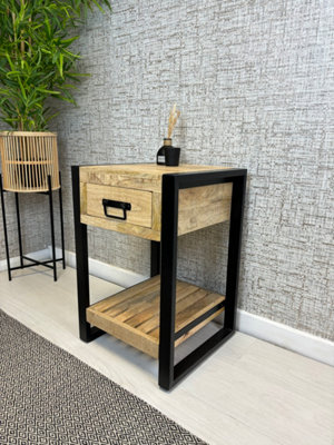 Industrial Solid Mango Wood & Metal Bedside Table - Bali Collection