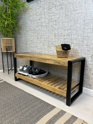 Industrial Solid Mango Wood & Metal Shoe Rack Bench - Bali Collection