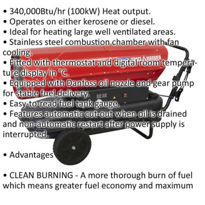 Industrial Space Warmer - Kerosene or Diesel Heater - 340000 Btu/hr - 68 Litre
