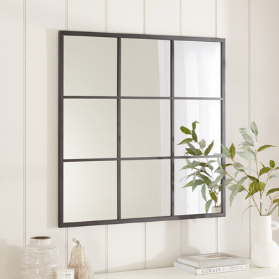 Industrial Square Black Framed Metal Window Wall Mirror 90cm x 90cm