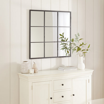 Industrial Square Black Framed Metal Window Wall Mirror 90cm x 90cm