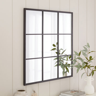 Industrial Square Black Framed Metal Window Wall Mirror 90cm x 90cm