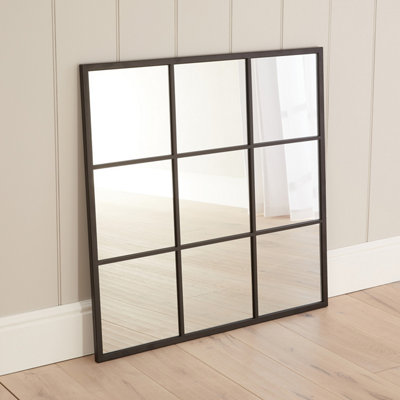 Industrial Square Black Framed Metal Window Wall Mirror 90cm x 90cm
