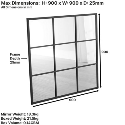 Industrial Square Black Framed Metal Window Wall Mirror 90cm x 90cm