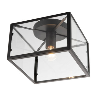 Industrial Square Box Matte Black Ceiling Light with Clear Glass Sides