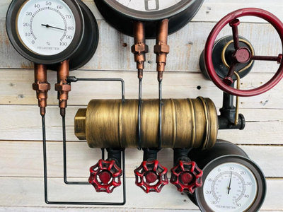 Industrial Steampunk Pipe Metal Gear Wall Clock with Faux Temperature ...