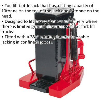 Industrial Toe Lift Bottle Jack - 10 Tonne Toe Capacity - 14 Tonne Head Capacity