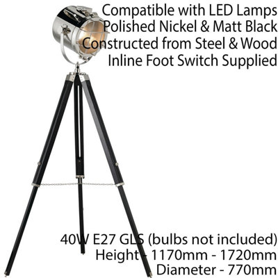 Industrial Tripod Floor Lamp Matt Black E27 Theatre Spot Light Standing ...