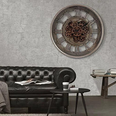 Industrial Wall Clocks Roman Numerals Mechanical Skeleton Moving Gear ...