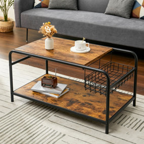 Industrial Wooden Coffee Table with Wire Basket Storage Top