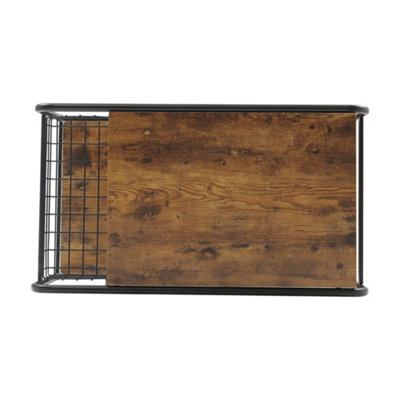 Industrial Wooden Coffee Table with Wire Basket Storage Top