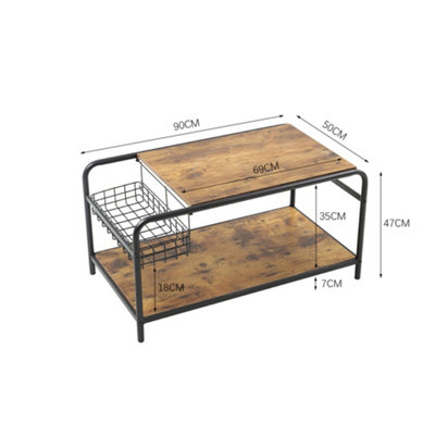 Industrial Wooden Coffee Table with Wire Basket Storage Top