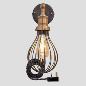 Industville Brooklyn Balloon Cage Wall Light 6 Inch in Pewter with Brass Holder and Plug