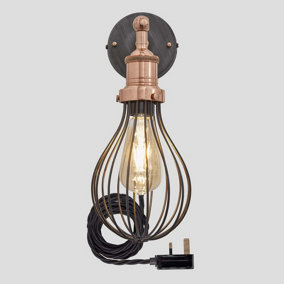 Industville Brooklyn Balloon Cage Wall Light 6 Inch in Pewter with Copper Holder and Plug