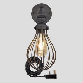 Industville Brooklyn Balloon Cage Wall Light 6 Inch in Pewter with Pewter Holder and Plug