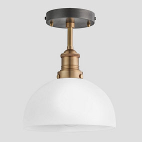 Industville Brooklyn Opal Glass Dome Flush Mount Light, 8 Inch, White, Brass holder