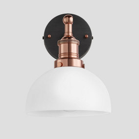 Industville Brooklyn Opal Glass Dome Wall Light, 8 Inch, White, Copper Holder