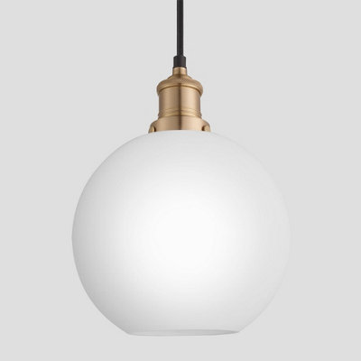 Industville Brooklyn Opal Glass Globe Pendant Light, 9 Inch, White, Brass Holder