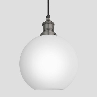 Industville Brooklyn Opal Glass Globe Pendant Light, 9 Inch, White, Pewter Holder