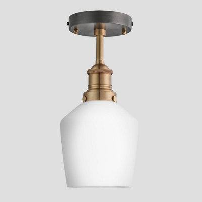 Industville Brooklyn Opal Glass Schoolhouse Flush Mount Light, 5.5 Inch, White, Brass Holder