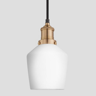 Industville Brooklyn Opal Glass Schoolhouse Pendant Light, 5.5 Inch, White, Brass Holder