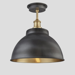 Industville Brooklyn Outdoor & Bathroom Dome Flush Mount 13 Inch in Pewter & Brass with Brass Holder & Globe Glass