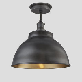 Industville Brooklyn Outdoor & Bathroom Dome Flush Mount 13 Inch in Pewter & Brass with Pewter Holder & Globe Glass