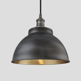 Industville Brooklyn Outdoor & Bathroom Dome Pendant, 13 Inch, Pewter & Brass, Pewter Holder, Globe Glass