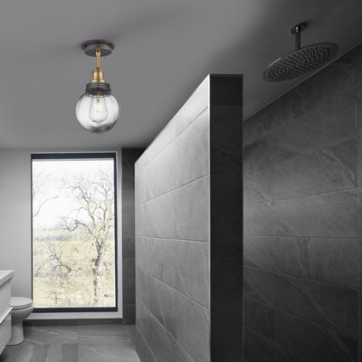 Industville Brooklyn Outdoor & Bathroom Flush Mount, Brass Holder, Pewter Ring, Globe Glass