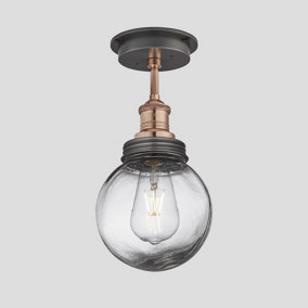 Industville Brooklyn Outdoor & Bathroom Flush Mount with Copper Holder, Pewter Ring & Globe Glass