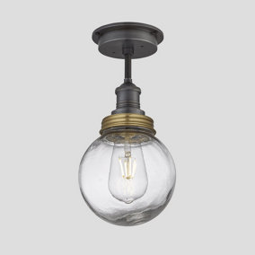 Industville Brooklyn Outdoor & Bathroom Flush Mount with Pewter Holder, Brass Ring & Globe Glass