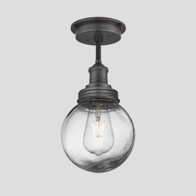 Industville Brooklyn Outdoor & Bathroom Flush Mount with Pewter Holder, Pewter Ring & Globe Glass