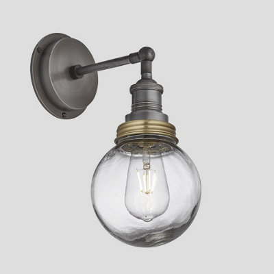 Industville Brooklyn Outdoor & Bathroom Wall Light, Pewter Holder, Brass Ring, Globe Glass