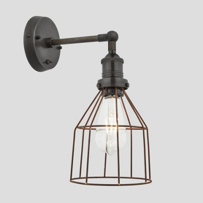 Industville Brooklyn Rusty Cage Wall Light, 6 Inch, Cone, Pewter Holder