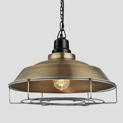 Industville Brooklyn Step Pendant, 16 Inch, Brass, Black Chain Holder, Cage