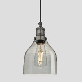 Industville Brooklyn Tinted Glass Cone Pendant, 6 Inch, Smoke Grey, Pewter Holder
