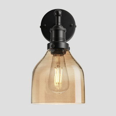 Industville Brooklyn Tinted Glass Cone Wall Light, 6 Inch, Amber, Black Holder