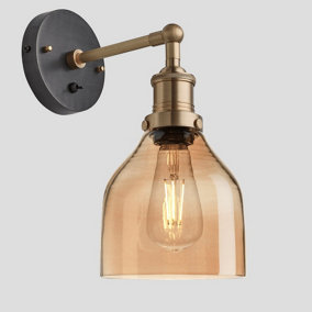 Industville Brooklyn Tinted Glass Cone Wall Light, 6 Inch, Amber, Brass Holder